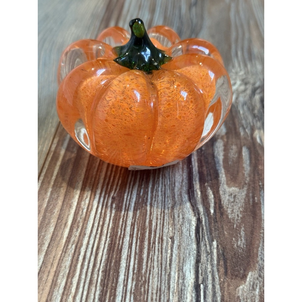 Hallmark VINTAGE GLASS PAPERWEIGHT PUMPKIN HALLOWEEN GOURD ORANGE GREEN 3"
